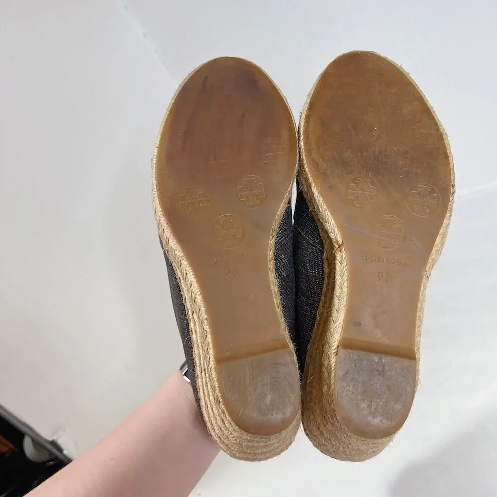 Tory Burch Filipa Canvas Pewter Grey Silver Wedge Espadrille Sandal Size 9